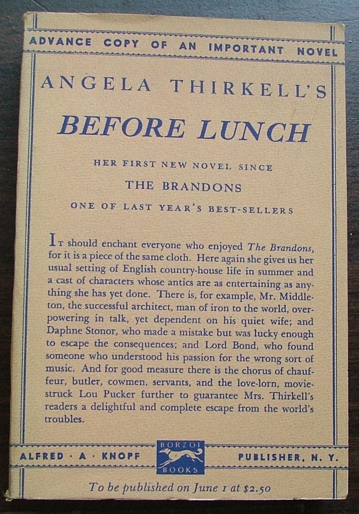 Item #517 Before Lunch, Advance Copy. Angela Thirkell.