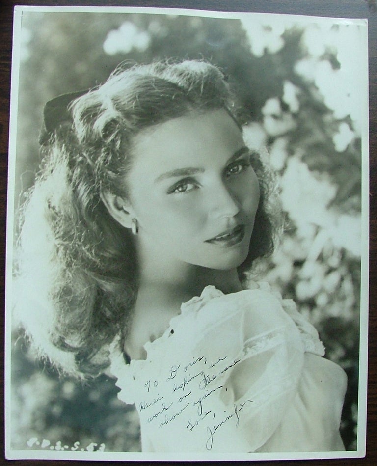 Item #528 Lovely vintage glossy 11" x 14" photo on heavy paper, inscribed and signed by Jennifer Jones. Jennifer Jones.